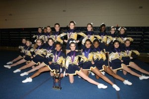 CHAMPION CHEERLEADERS: Chocowinity Middle School cheerleaders placed first in the inaugural IBX cheerleading competition Feb. 8. Showing off their trophy and medals are (front row) Carley Williams, Reannon Prechtl, Savannah Boyd, Leah Beth Warren, Shay'La Moore , Kelly Elks, Bridget Keyes, Tajhe Harvey, Ofelia Lopez, Makayla Daniels, (back row) Ashley Nobles, Anasia Hill, Taylor Miller, Katelyn Vick, Hannah Respess, Erica Ellison, Maleaki Guion, Emily Jackson and Mackenzie Dixon. The cheerleaders are coached by Jan Hill. BEAUFORT COUNTY SCHOOLS | CONTRIBUTED