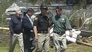 IRENE MILLS | CONTRIBUTED Beaufort County Sheriff Alan Jordan walks with Gov. Pat McCrory after the April tornado in Chocowinity. 