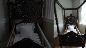 VAIL STEWART RUMLEY | DAILY NEWS THE CADILLAC OF CRIBS: Bellefont Plantation is peppered with antiques, some of which belonged to Boyd’s ancestors, but this crib, shown in an upstairs bedroom, she purchased at an antiques store in New Bern. 